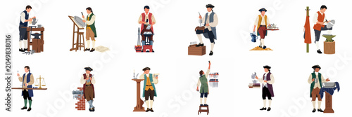 Photography Collection of colonial silversmith illustrations showing craftsmen in historical attire performing various metalworking tasks like hammering, engraving, and weighing silver items