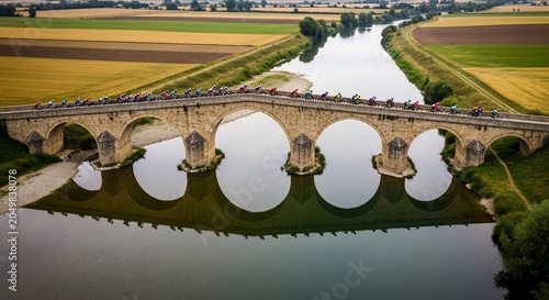 Ancient Roman Bridge Reflected in Calm River Water with Agricultural Fields.
