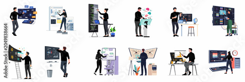 Collection of flat vector illustrations featuring professionals working with artificial intelligence, deep learning, data visualization, and software development in modern tech environments.