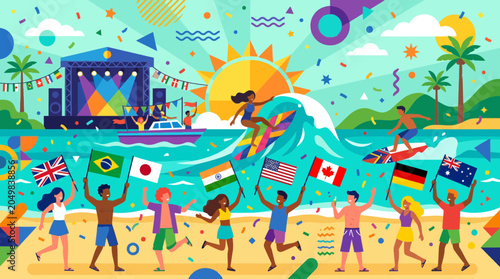 Diverse Crowd Celebrates Summer Festival with Flags, Surfing, and Music on Beach