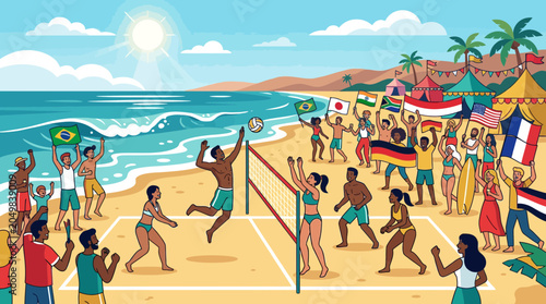 Bild auf Leinwand Beach Volleyball Tournament: Diverse Players Compete, Fans Cheer with National F