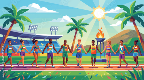 Photos Diverse athletes holding hands on track with stadium and palm trees, celebrating