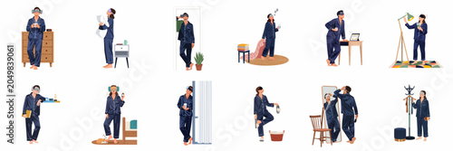 Bild auf Leinwand Vector Illustration Set of Tired People in Pajamas and Sleep Masks Experiencing