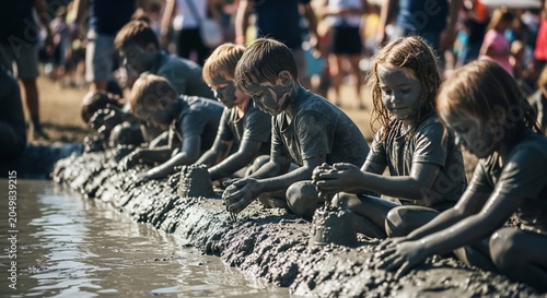 Children Playing in Mud at Outdoor Event.