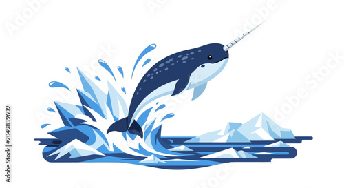 Leaping narwhal breaching icy arctic waters with splashes and ice floes