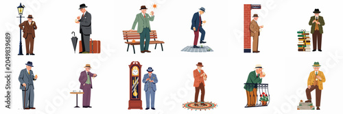 Fotografie Flat vector illustration set of a senior man in classic attire checking his watch in various locations, symbolizing punctuality and the passage of time