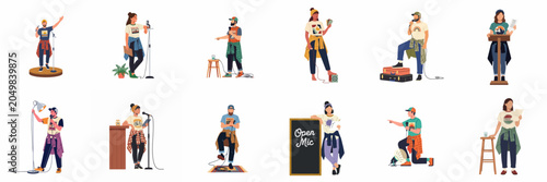 Tableau sur toile Set of diverse young performers participating in open mic events, featuring singers, comedians, and speakers in casual trendy outfits on white background