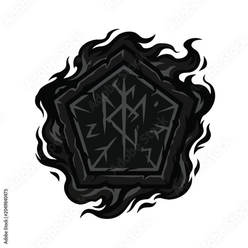 Dark Norse Rune Stone Flaming Pentagram Vector Emblem