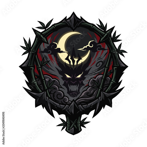 Dark Oni Demon Crescent Moon Bamboo Crest Emblem Vector Design