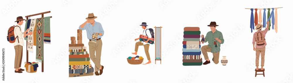 Naklejka premium Flat illustration set of travelers and tourists shopping for traditional handmade textiles, carpets, and souvenirs at a local market or artisan shop.