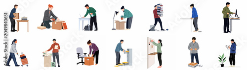 Diverse set of flat vector illustrations showing people packing boxes, organizing files, and moving office equipment for business relocation or office change.