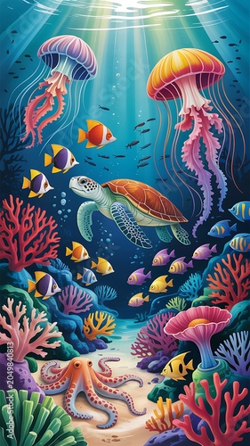 Whimsical underwater scene with a sea turtle, jellyfish, octopus, and vibrant coral