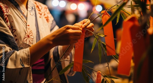 Close-up of hands in traditional Japanese yukata tying a wish to a bamboo branch during Tanabata festival.