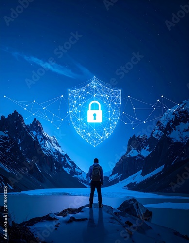 Person Standing in Front of Digital Shield with Lock.