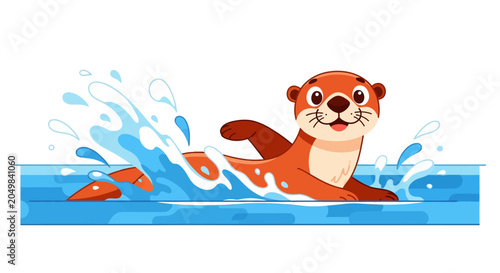 Cute Otter Swimming and Splashing Water, Cartoon Animal