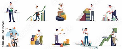 Set of flat illustrations showing businessmen engaged in financial analysis, investment growth, money saving, and strategic planning concepts for corporate success.