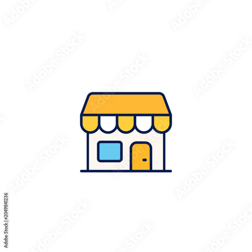 Storefront or retail shop flat line icon. Vector illustration of a small boutique or grocery market building with a yellow and white striped awning, blue window, and a door. Concept of local business.