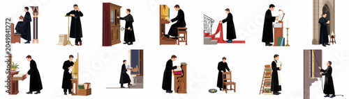 Tableau sur toile Collection of flat vector illustrations depicting a priest or sacristan performing various daily duties and ecclesiastical tasks in a cathedral or church setting