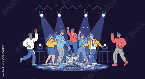 Group of diverse friends dancing and having a great time at a party with vibrant disco lights and a mirror ball.
