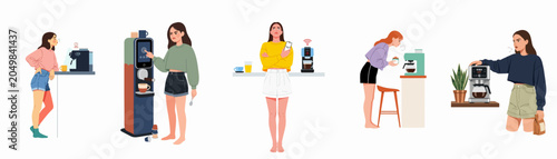 Schilderij op canvas Collection of flat vector illustrations of diverse women interacting with coffee machines, showcasing morning routines, impatience, and technical issues