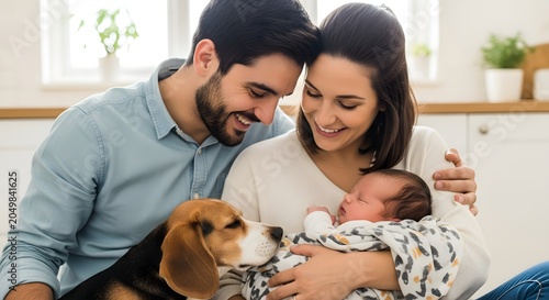 Family with newborn baby and dog in kitchen