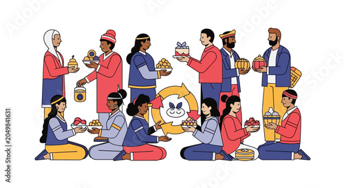 Diverse group of people sharing food in a communal setting