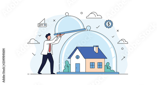 Conceptual illustration of home insurance showing a man placing a protective glass dome over a small detached house.