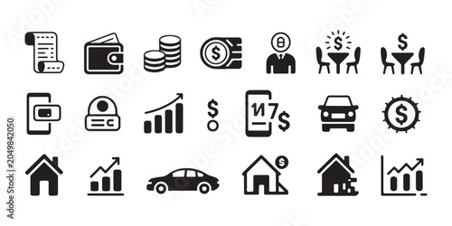 Foto Financial and real estate icon set including house car wallet coins and growth graphs for economic concepts