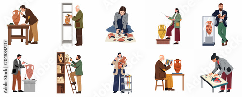 Obraz na plátně Set of Illustrations Featuring Archaeologists and Museum Curators Examining, Cleaning, and Restoring Ancient Pottery Artifacts in Professional Settings