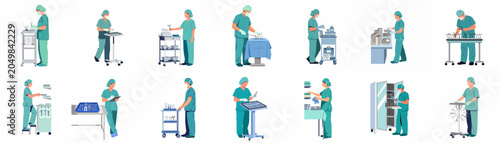 Collection of medical professionals in green scrubs preparing and organizing surgical instruments and equipment for hospital operations.
