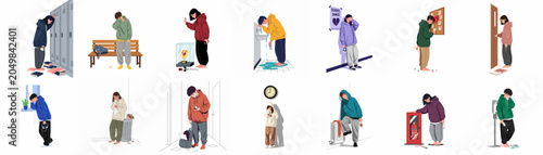 Diverse set of flat illustrations showing sad teenagers experiencing emotional distress, heartbreak, and social isolation in various school environments.