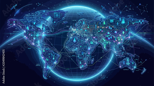 Canvastavla Futuristic digital world map representing global network connectivity, cyber sec
