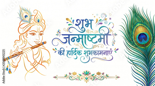 Krishna Flute Line Art with Peacock Feather and Janmashtami Greeting Typography Illustration