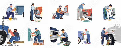 Fotografía Collection of diverse people working on car detailing, maintenance, and repair, featuring mechanics and car enthusiasts cleaning and polishing vintage trucks and vehicles