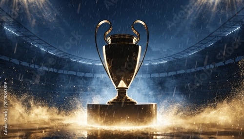 Golden Football Championship Trophy on Illuminated Stadium Podium