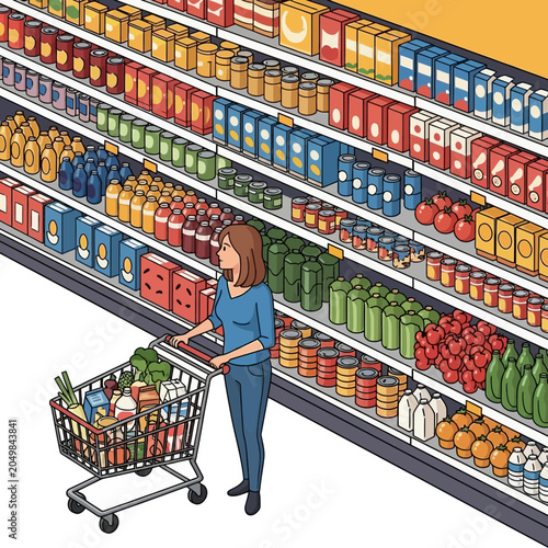 Woman grocery shopping cart in a food supermarket cartoon illustration