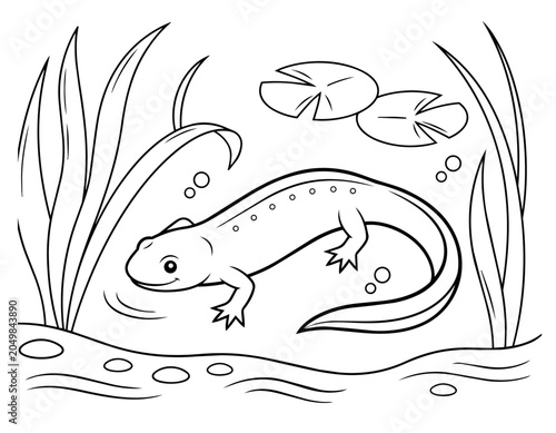 Tadpole, newt swims in a pond, kids coloring page, vector. AI