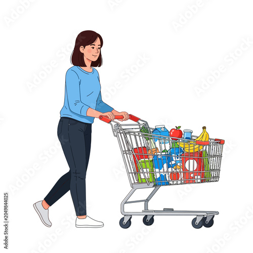 Woman pushing shopping cart full of groceries, vector illustration