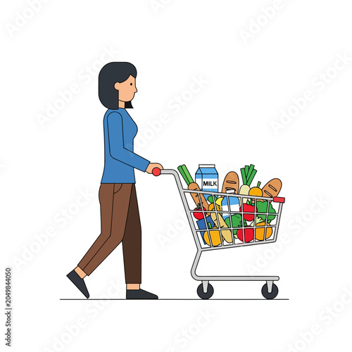 Woman pushing shopping cart full of groceries, vector illustration