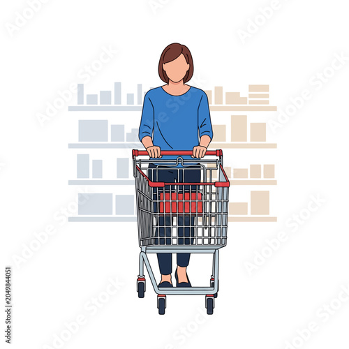 Woman Pushing Shopping Cart in Supermarket, Grocery Shopping Concept
