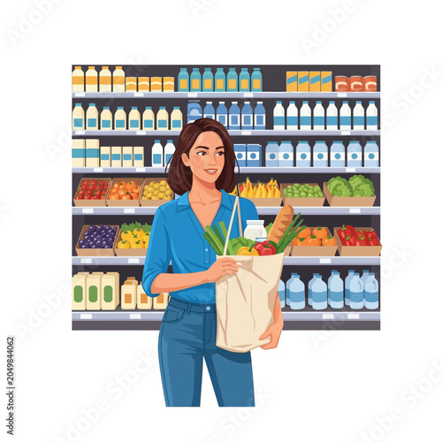 Woman Grocery Shopping Smiling at Supermarket