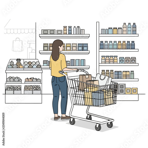 Woman Shopping at Supermarket with Full Cart, Grocery Shopping