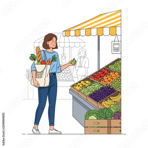 Woman Shopping Fresh Produce at Farmers Market