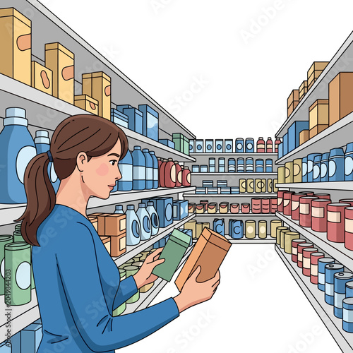 Woman Shopping: Grocery Store Items on Shelves