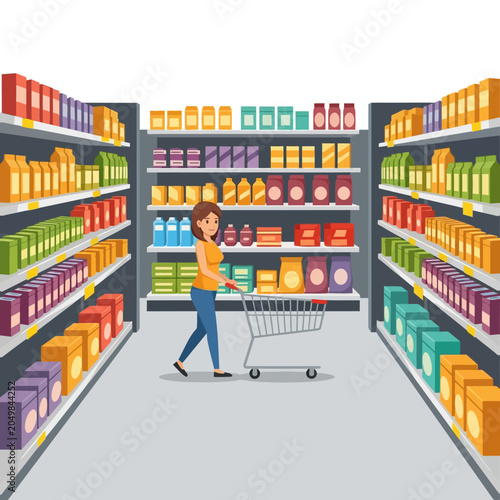 Woman shopping in supermarket aisles with grocery cart, fresh food products and goods