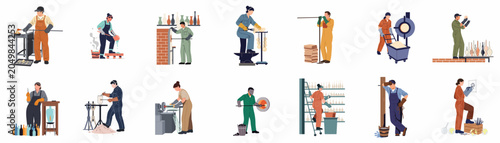 Photos Flat vector illustration showing various professional glassblowers and artisans performing different stages of the glassmaking process in a traditional workshop setting
