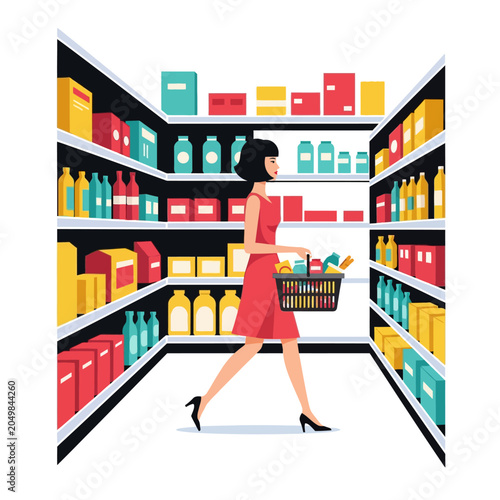 Woman shopping in supermarket aisle with basket