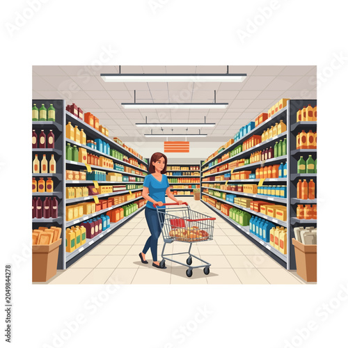 Woman shopping in supermarket with cart