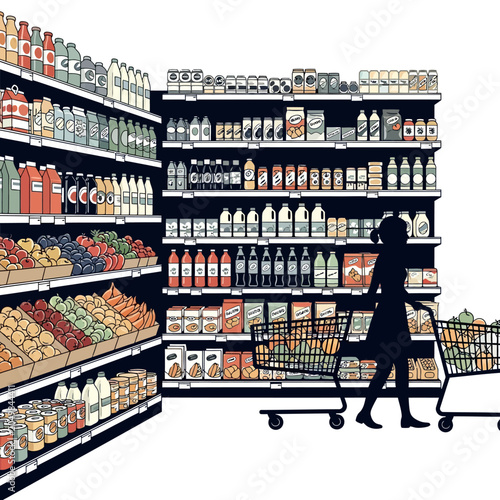 Woman silhouette grocery shopping aisles and loaded carts