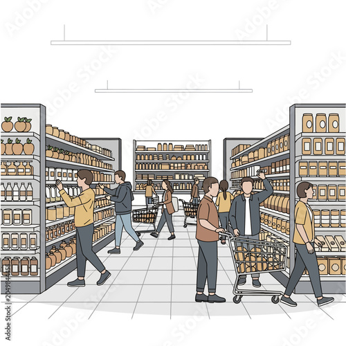 Shoppers Browsing Grocery Store Shelves, Vector Illustration